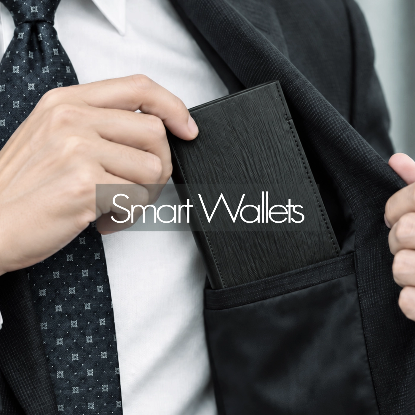 A black smart wallet in a jacket breast pocket